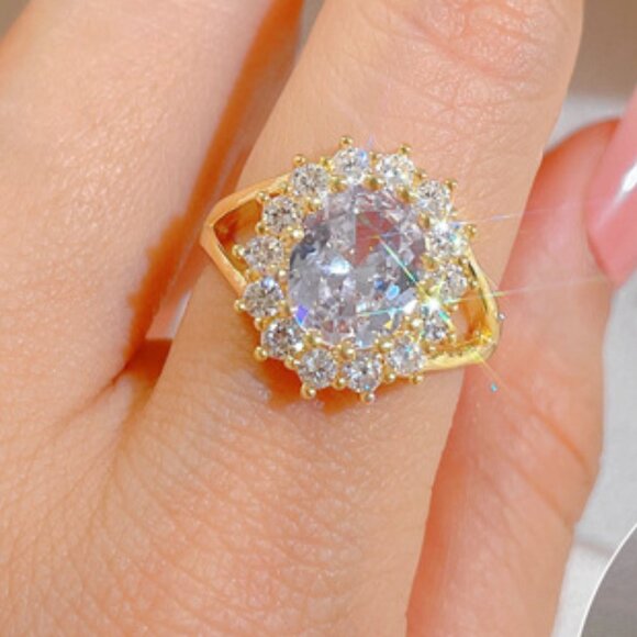 3/$35 Gold Plated Copper Adjustable Ring Clear Crystal Gemstone Diamond Cocktail - Picture 4 of 6